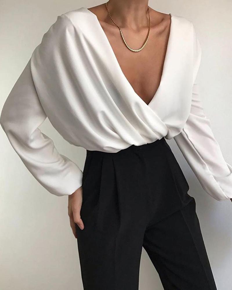 

Deep V Neck Long Sleeve Scrunched Blouse, White