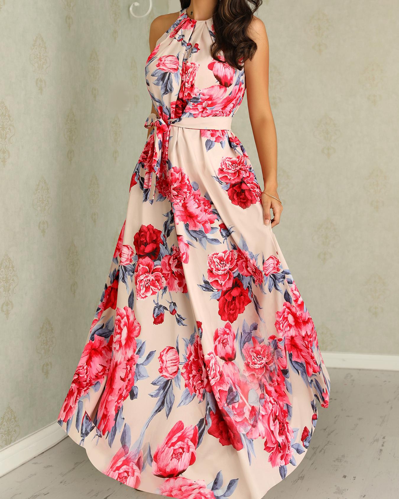 

Floral Print Sleeveless Belted Maxi Dress, Hot pink