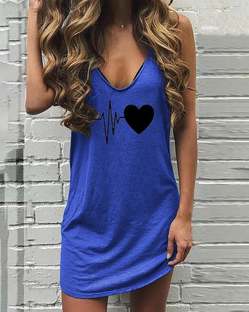 

V Neck Heart Print Casual Dress, Blue