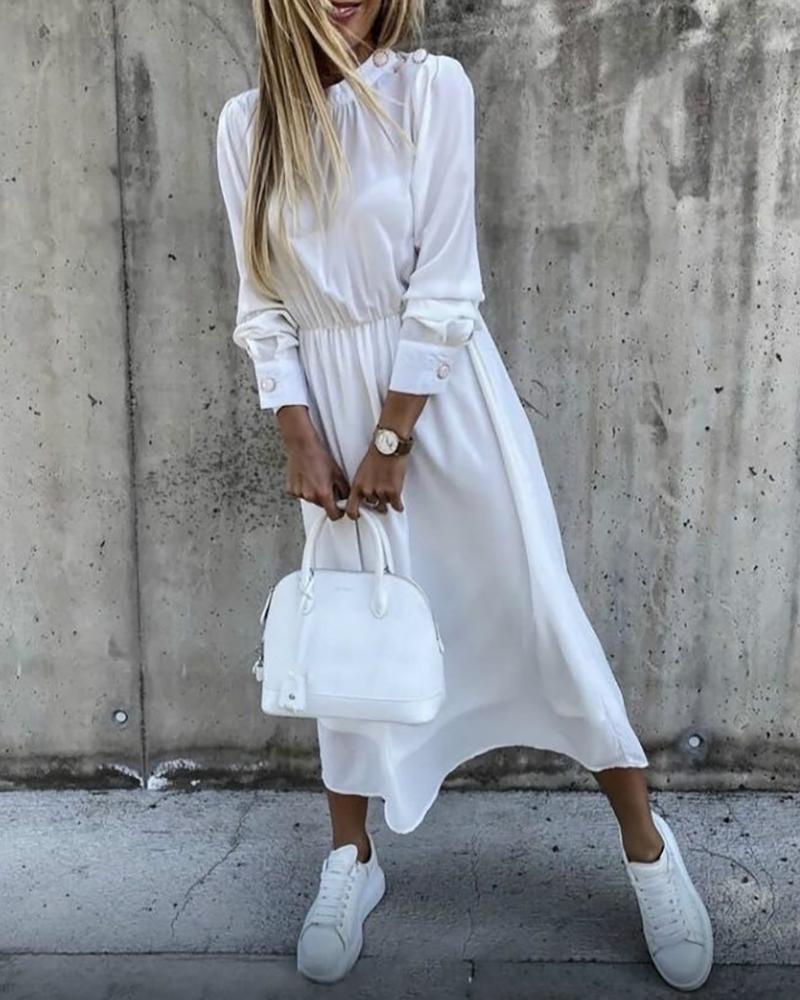 

Solid Satin Cinched Waist Long Sleeve Dress, White