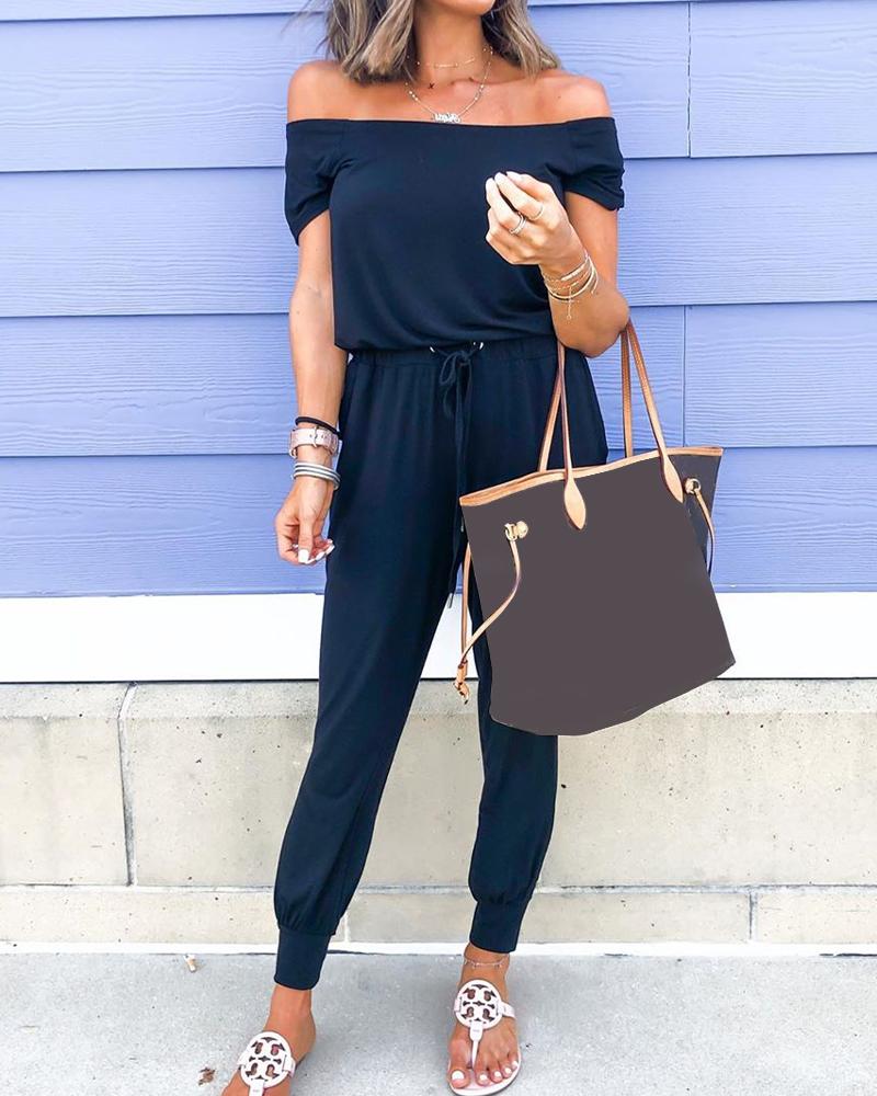 

Off Shoulder Tie Waist Jumpsuit, Dark blue
