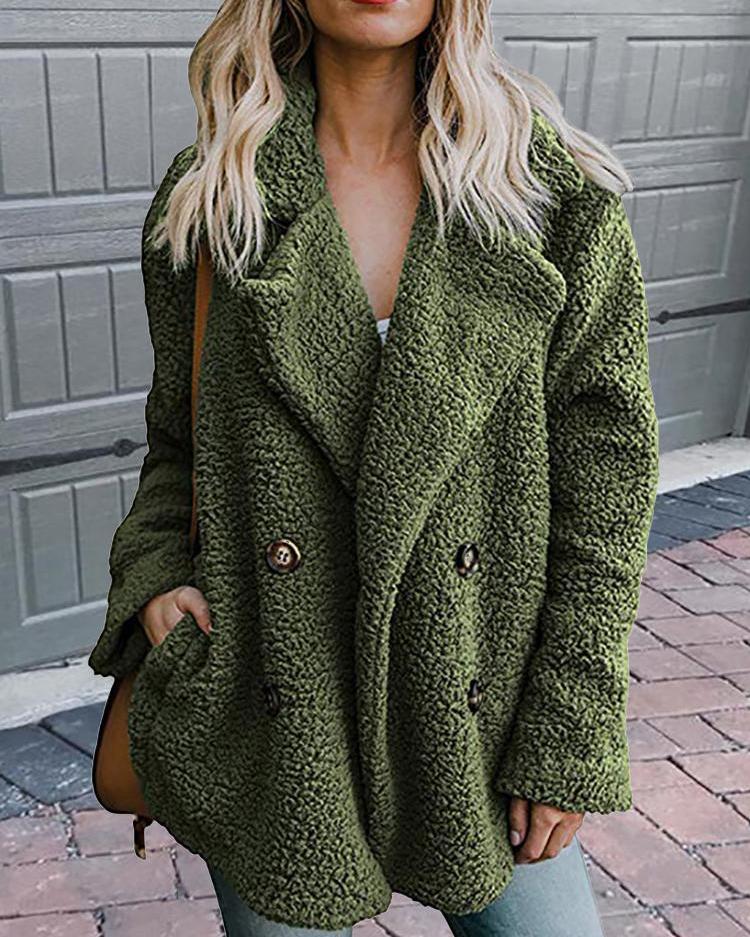 

Solid Fluffy Double-Breasted Pocket Design Coat, Army green