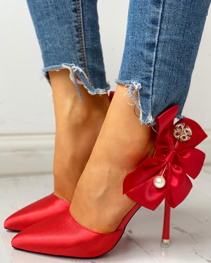

Solid Bowknot Design Thin Heels, Red