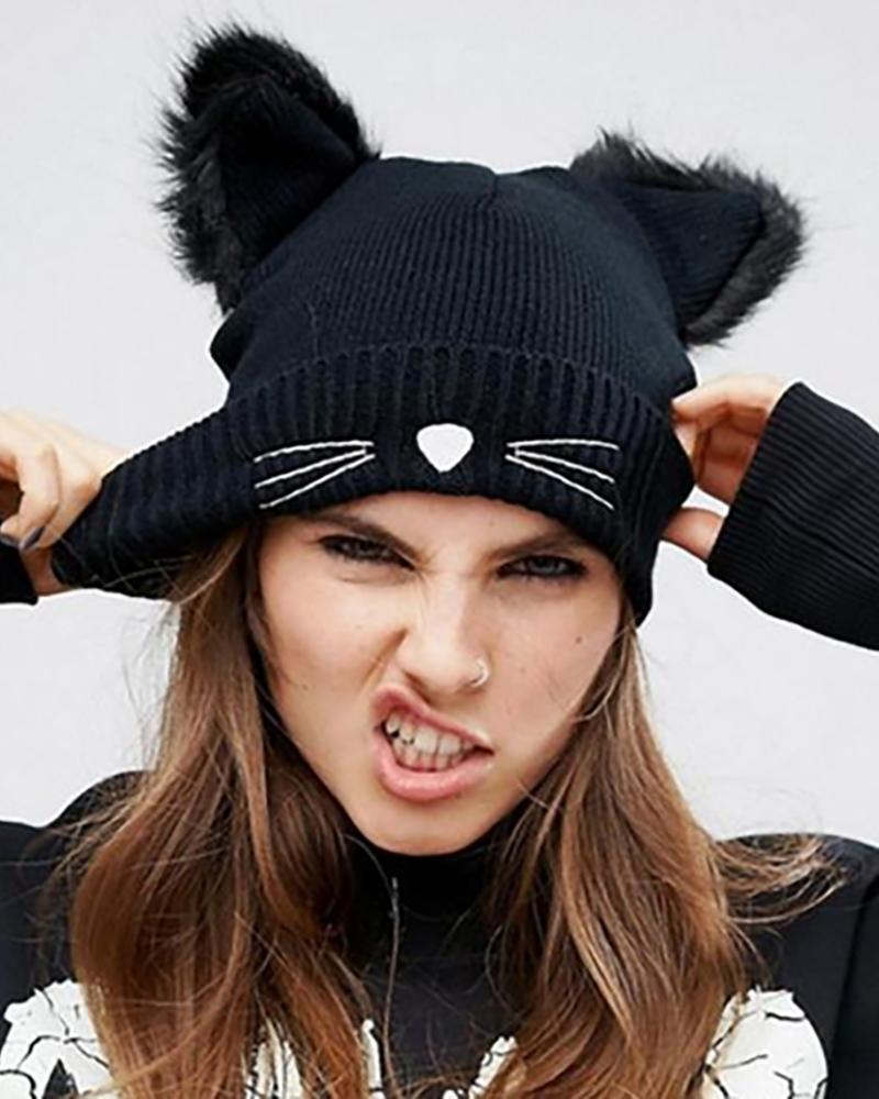 

Cat Pattern Ear Design Fluffy Beanie, Black