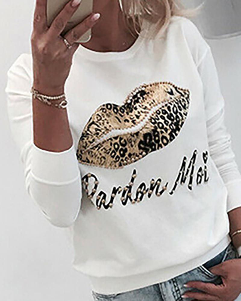 

Leopard Lip Print Long Sleeve Sweatshirt, White