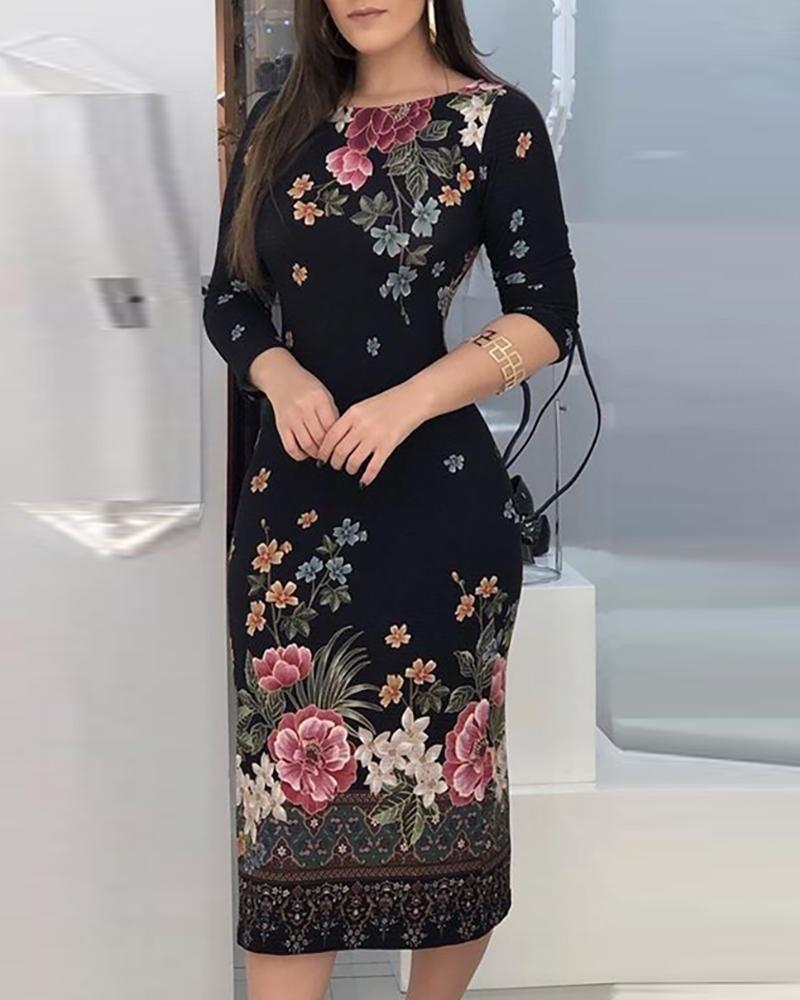 

Backless Floral Print Slinky Dress, Black