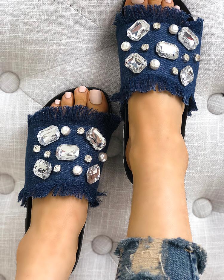 

Denim Shiny Flat Tassel Non-Slip Slippers, Light blue;pink;black