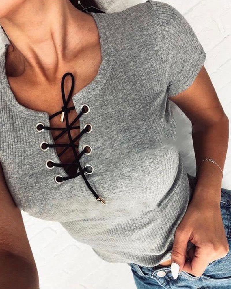 

Eyelet Lace-Up Short Sleeve T-Shirt