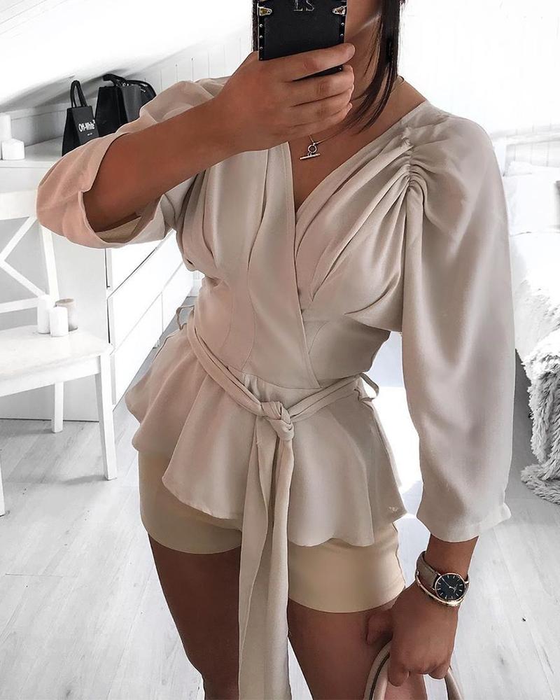

V Neck Tie Waist Ruffle Hem Blouse