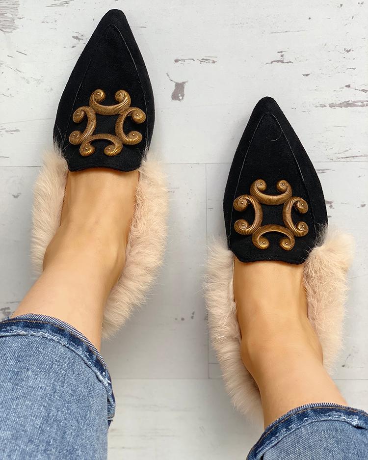 

Metallic Embellished Fluffy Pointed Toe Shoes