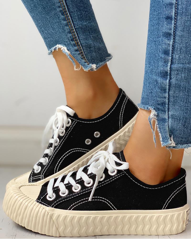 

Eyelet Lace-Up Casual Sneakers, Black
