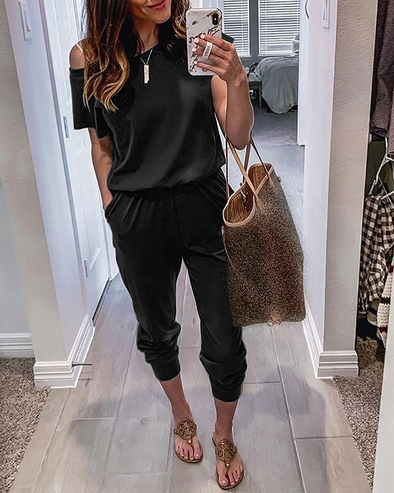 

Solid One Shoulder Pocket Detail Jumpsuit, Black