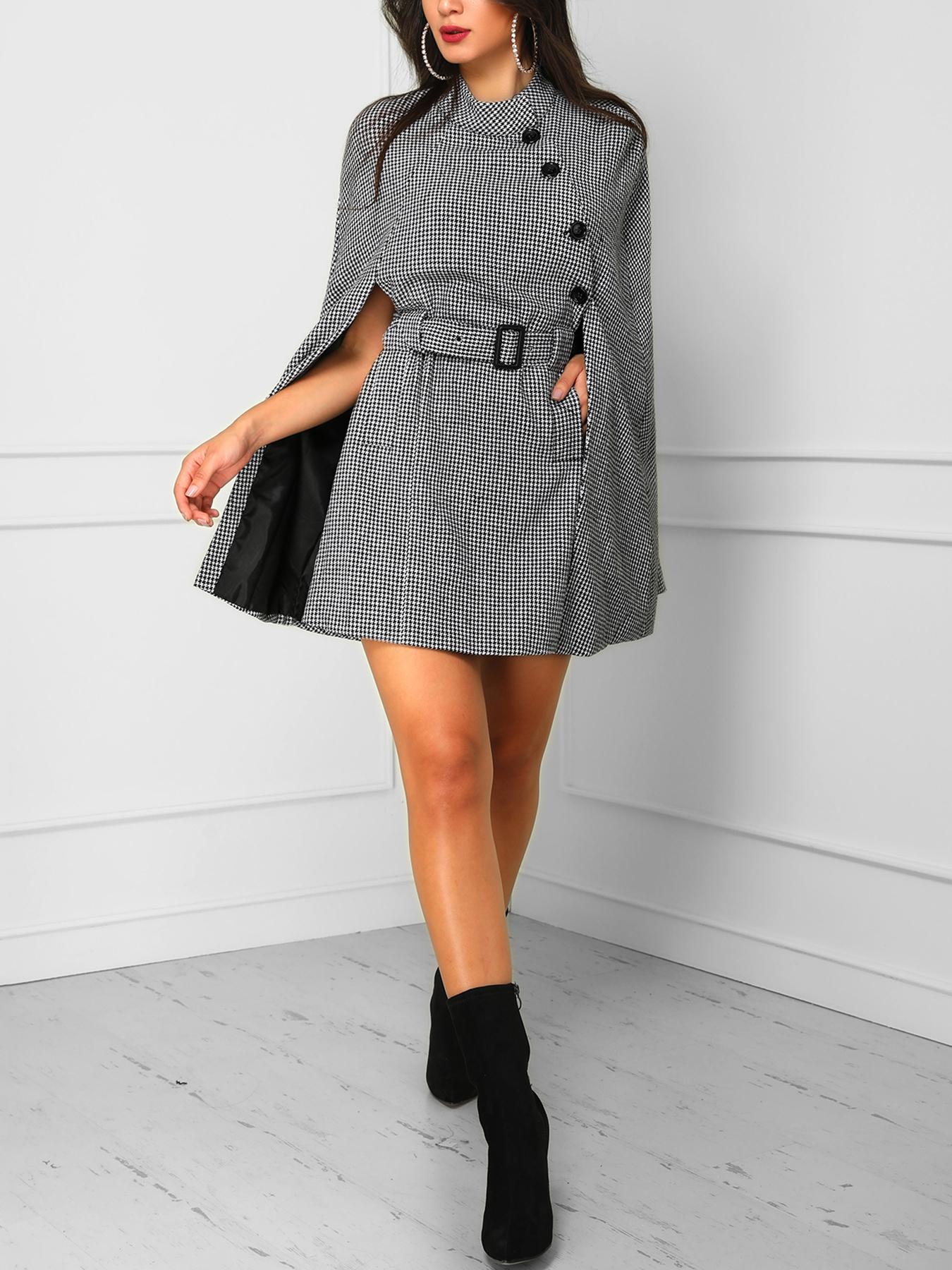 

Houndstooth Button Detail Cloak Design Belted Dress, Black