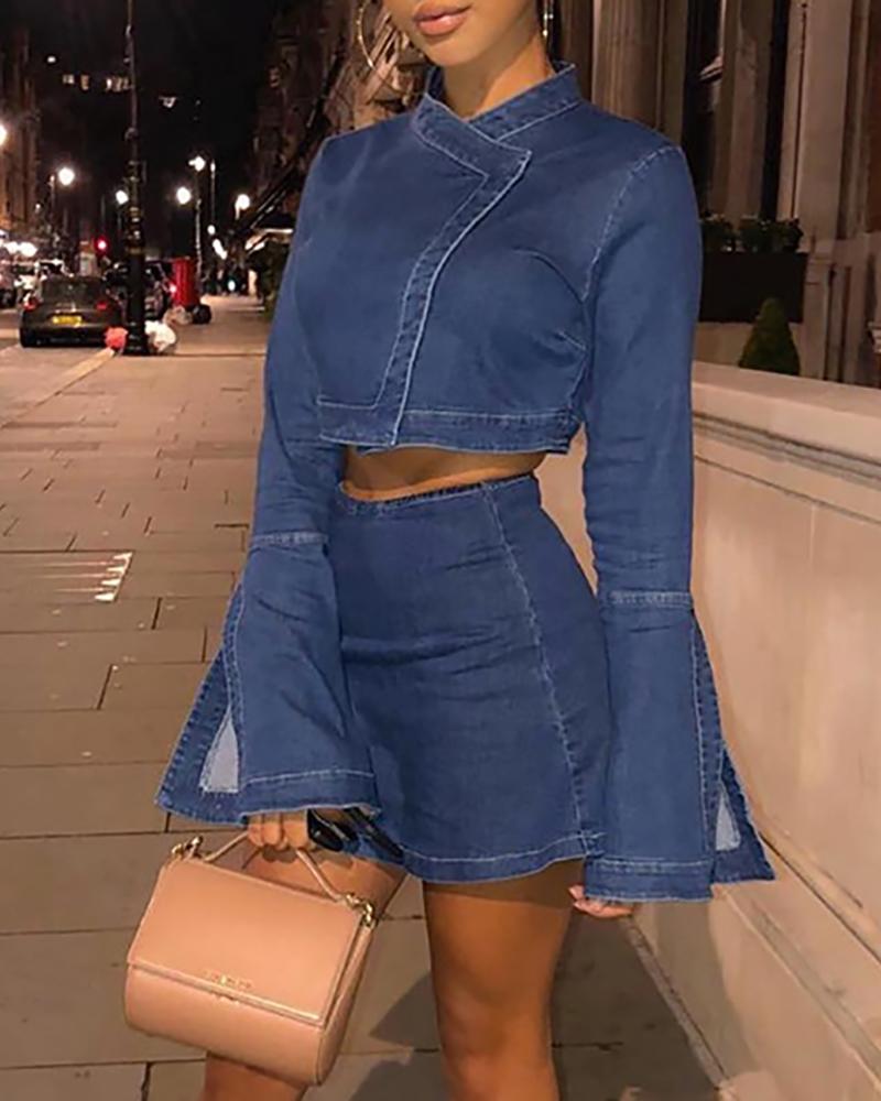 

Bell Slit Cuff Denim Crop Top & Skirt Sets, Dark blue