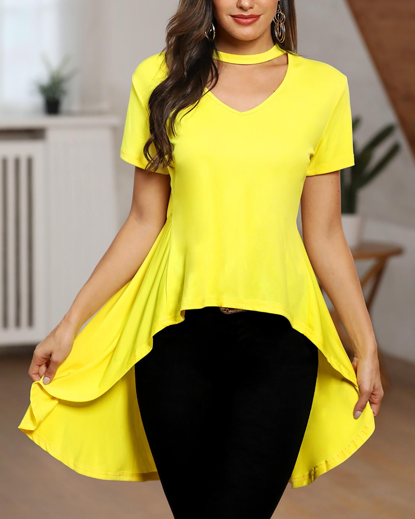 

Solid Color Short Sleeve Irregular Hem Tops, Yellow