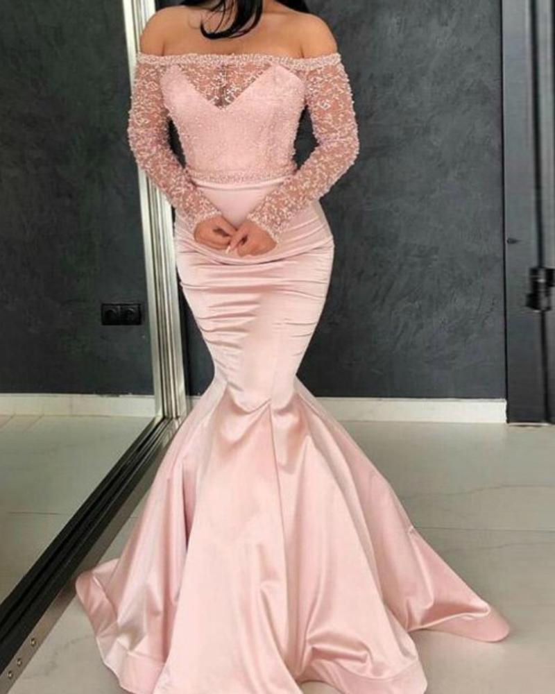 

Beads Off Shoulder Mesh Evening Dress, Pink