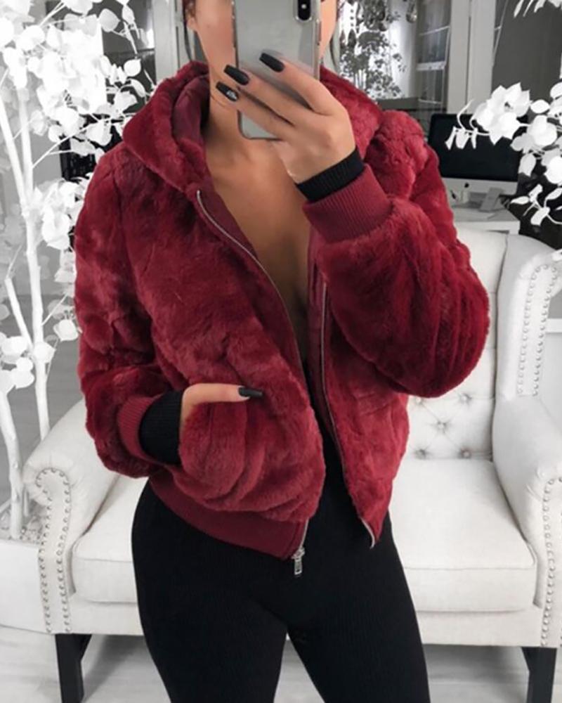 

Fluffy Solid Pocket Long Sleeve Zipped Hooded Coat, Red