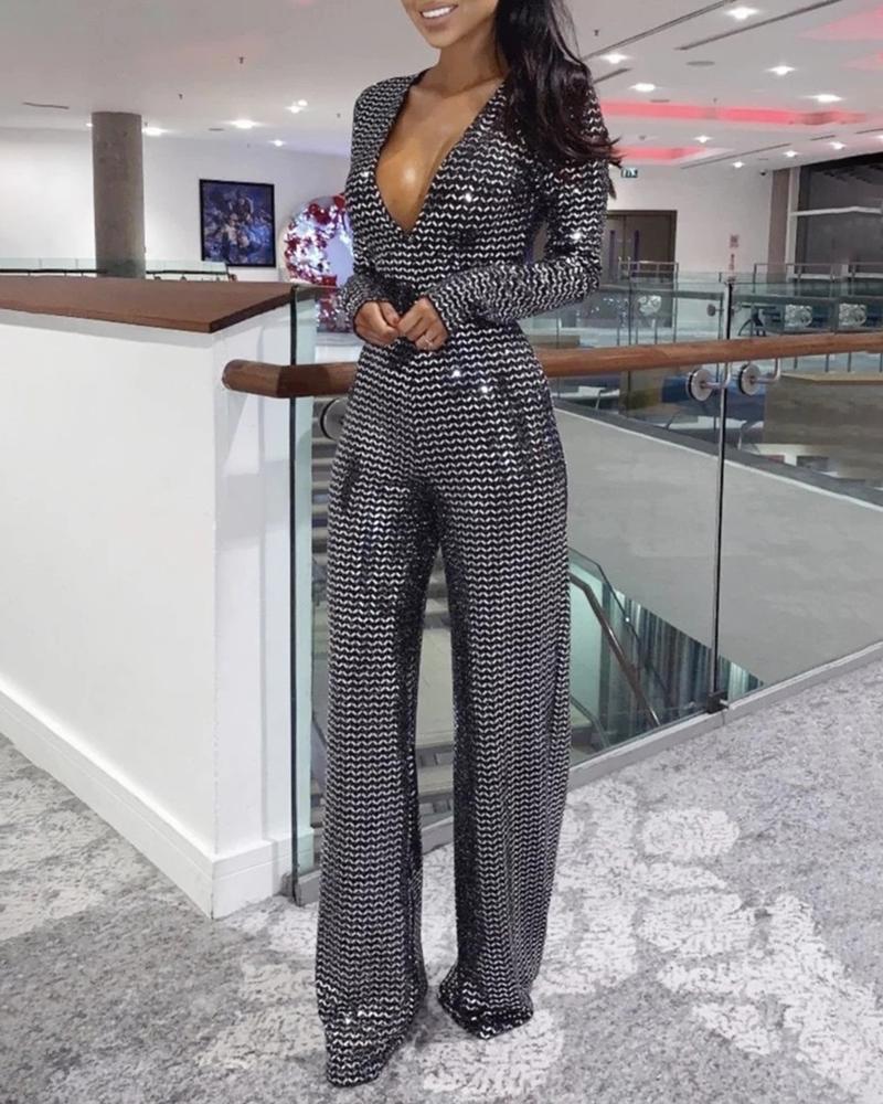 

Glitter Deep V-Neck Backless Jumpsuit, Silver