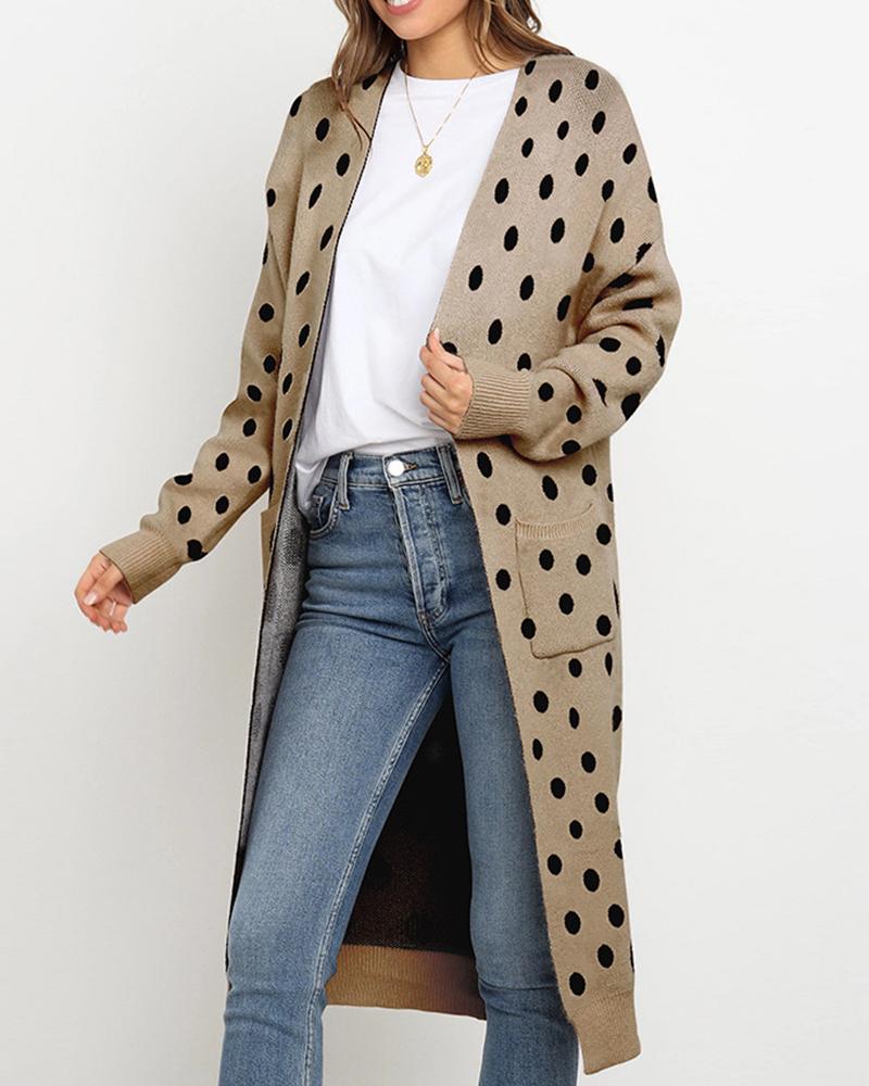 

Polka Dot Open Front Casual Cardigan, Khaki