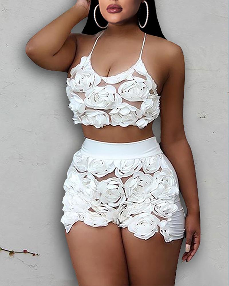 

Flower Applique Cami Top With Shorts, White