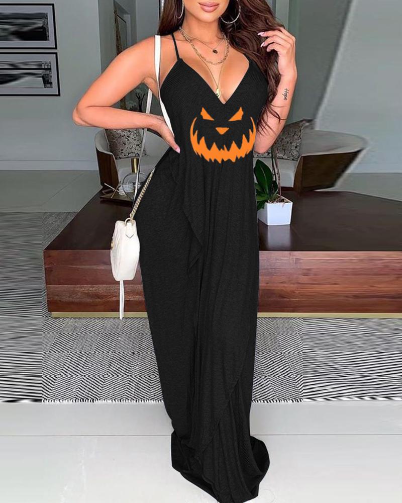 

Halloween Pumpkin Face Print Ruched Maxi Dress, Black