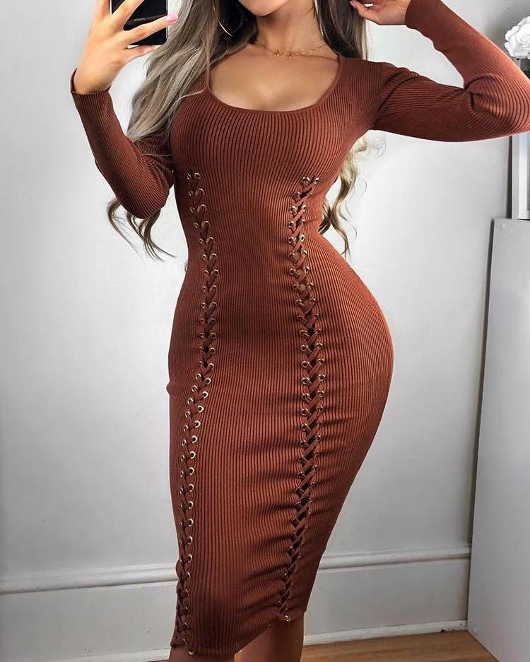 

Eyelet Lace-Up Design Bodycon Dress, Brown