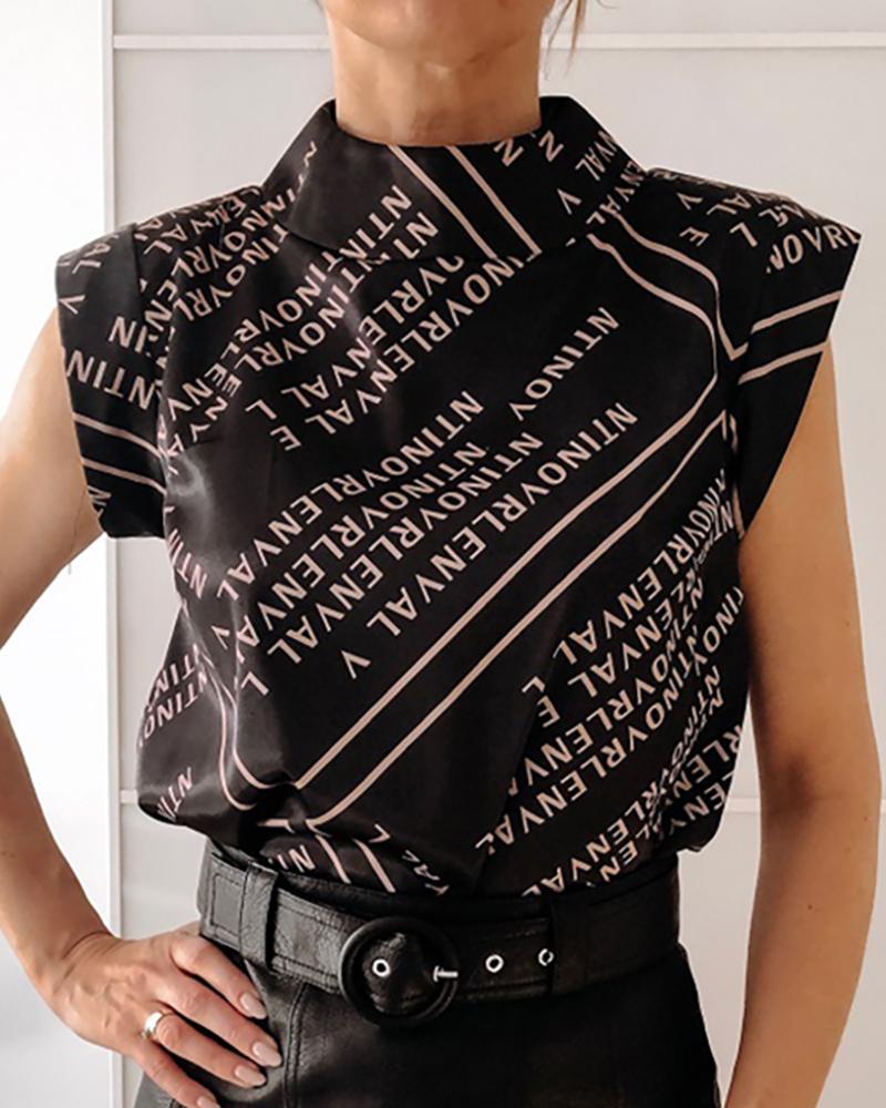 

Random Letter Print Sleeveless Blouse, Black