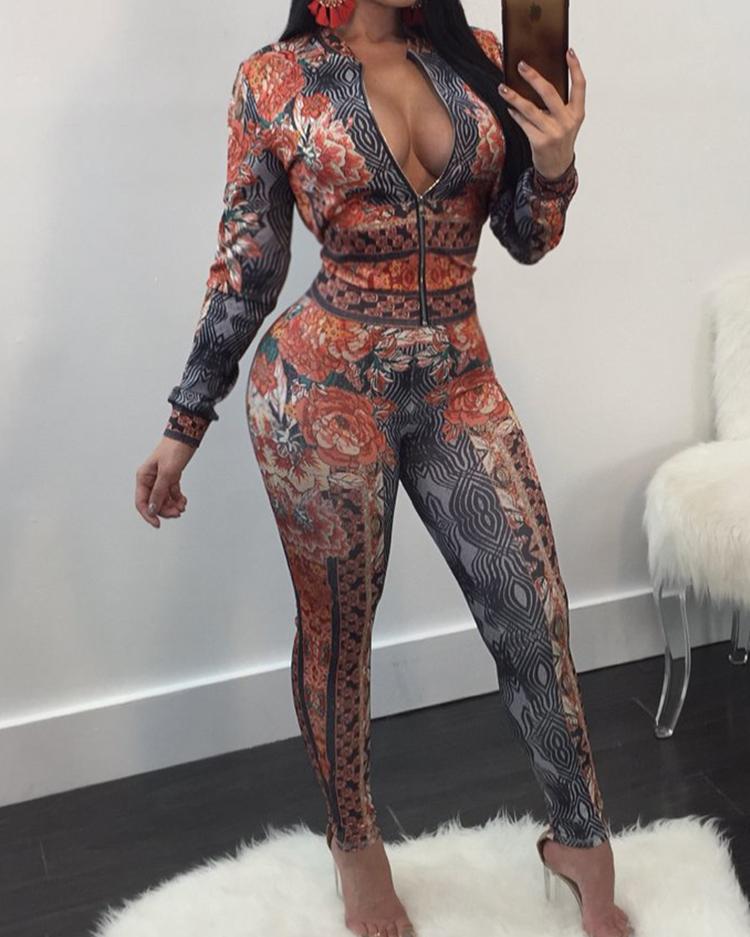 

Floral Printed Zipper Up Skinny Pantsuit, Orange