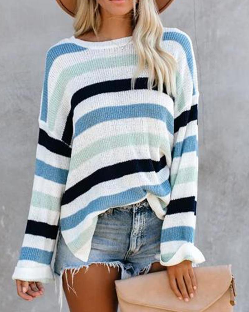 

Long Sleeve Draped Striped Ribbed Sweater, Blue