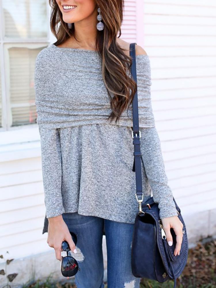 

Pleated Off Shoulder Fold-Over Slinky Blouse, Gray