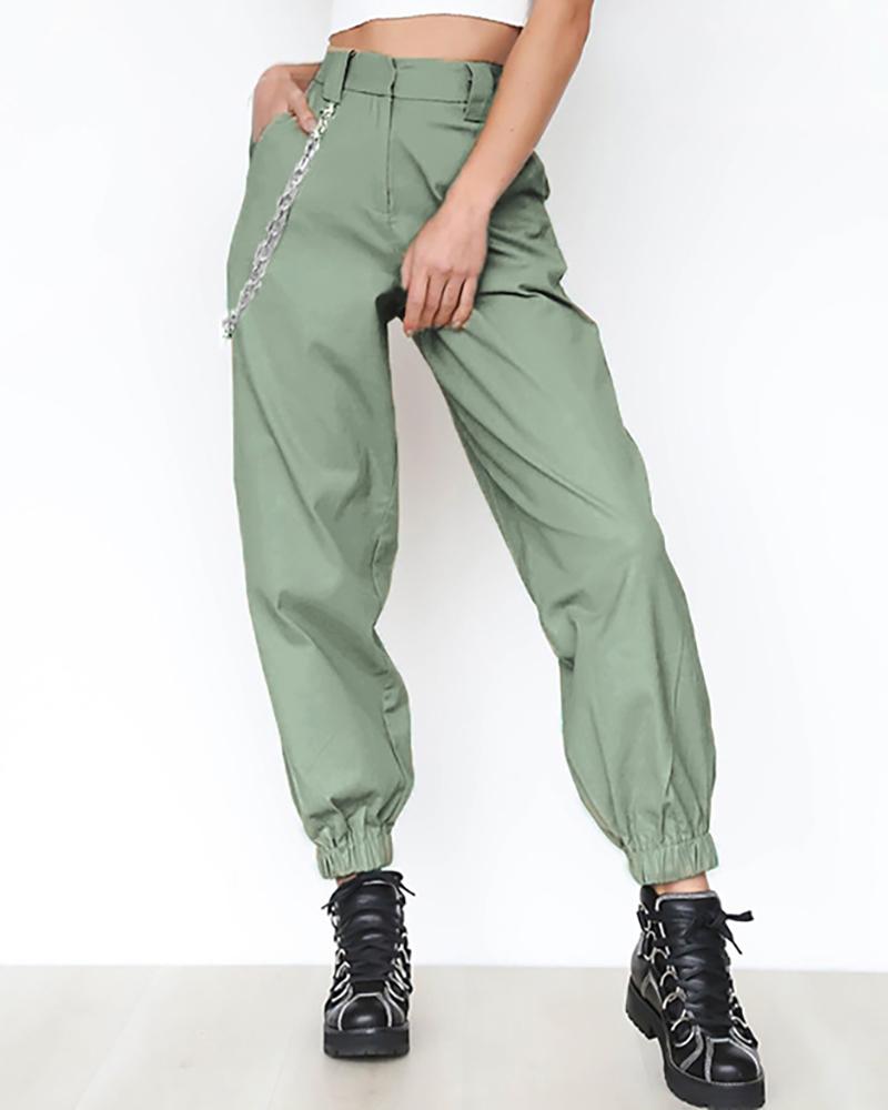 

High Waist Solid Pocket Design Casual Pants, Green