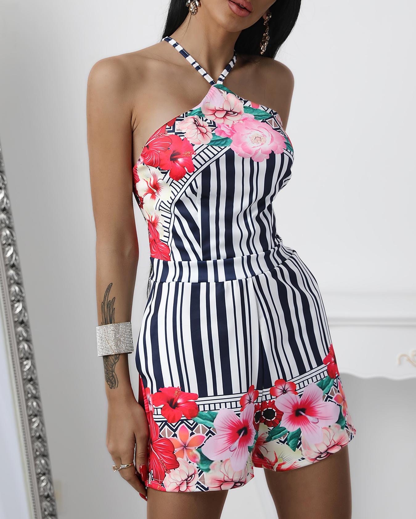 

Floral Print Halter Lace-up Back Romper, White