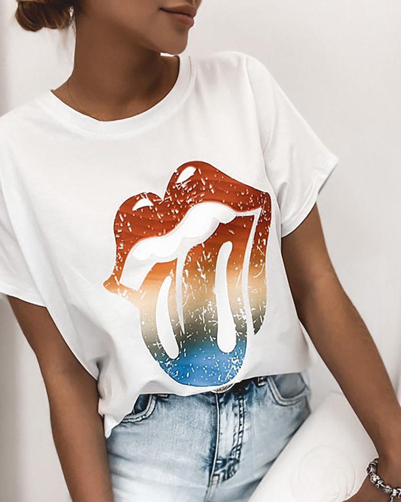 

Lip Print Short Sleeve Casual T-shirt, White