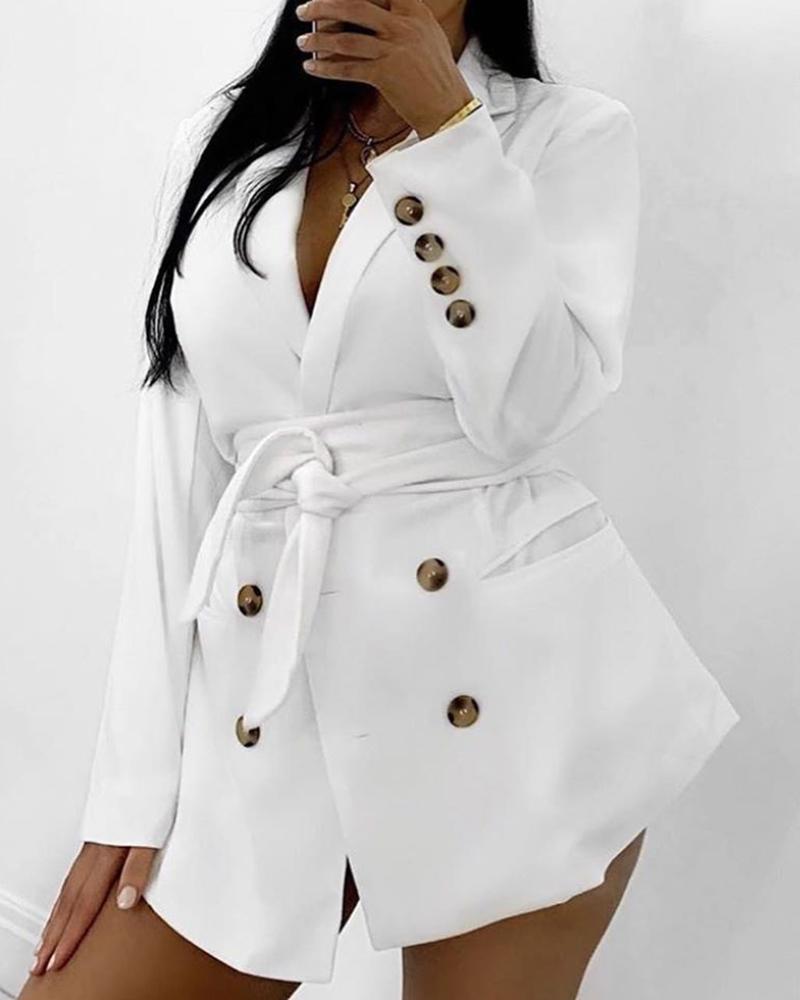 

Solid Tie Waist Blazer Dress, White