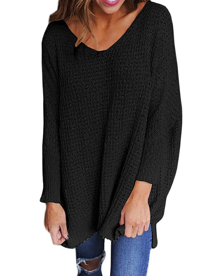 

Solid V Neck Loose Knitted Sweater - Black