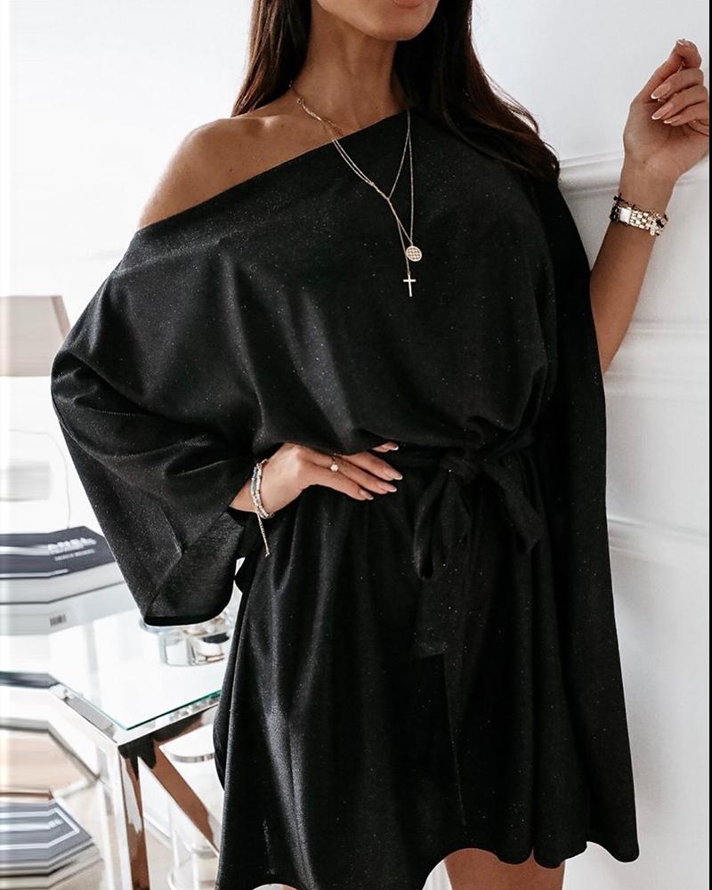 

Glitter Batwing Sleeve Casual Dress, Black