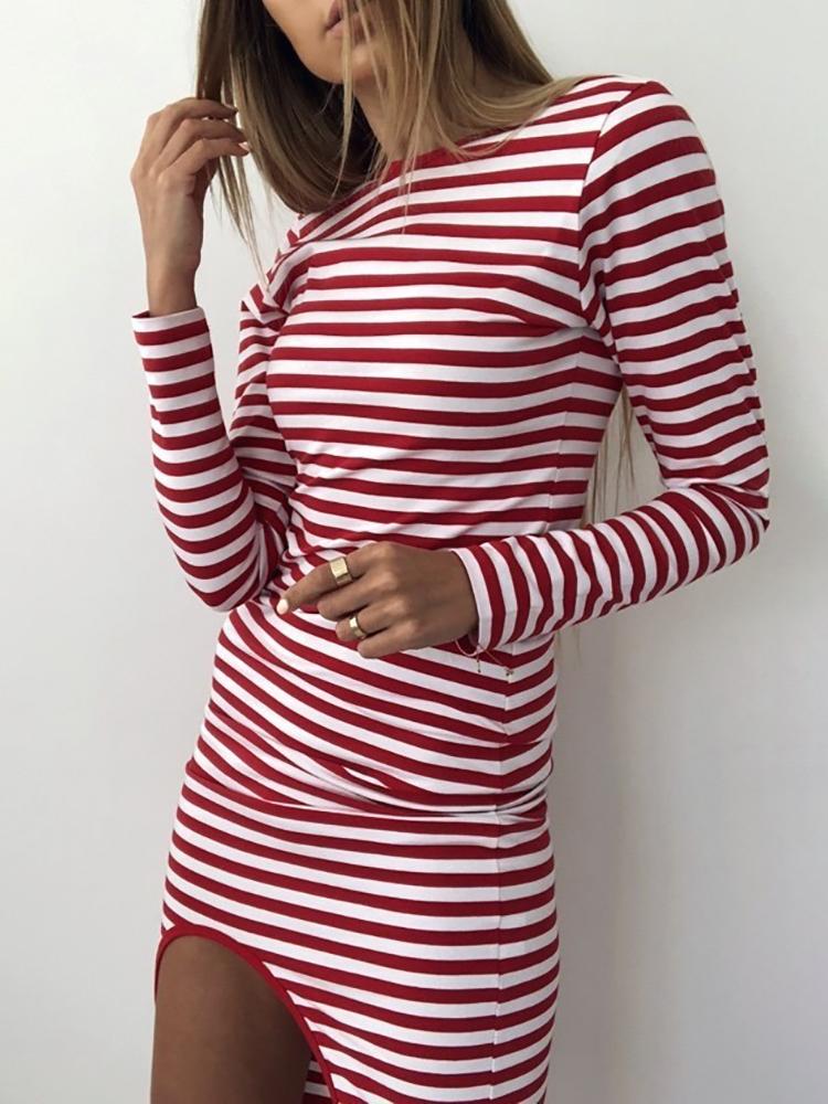 

Striped Long Sleeve Slit Bodycon Dress, Red