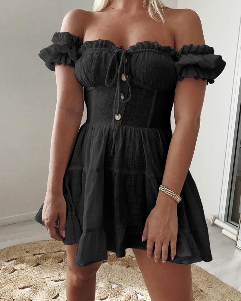 

Ruched Frill Hem Off Shoulder Dress, Black