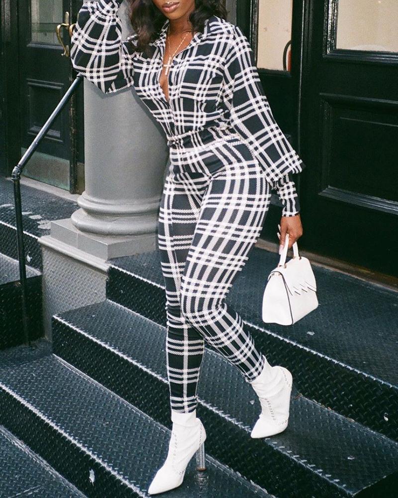 

Striped Grid Buttoned Casual Jumpsuit, White