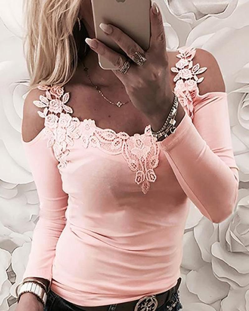 

Lace Applique Long Sleeve Slim Fit Casual Blouse, Pink