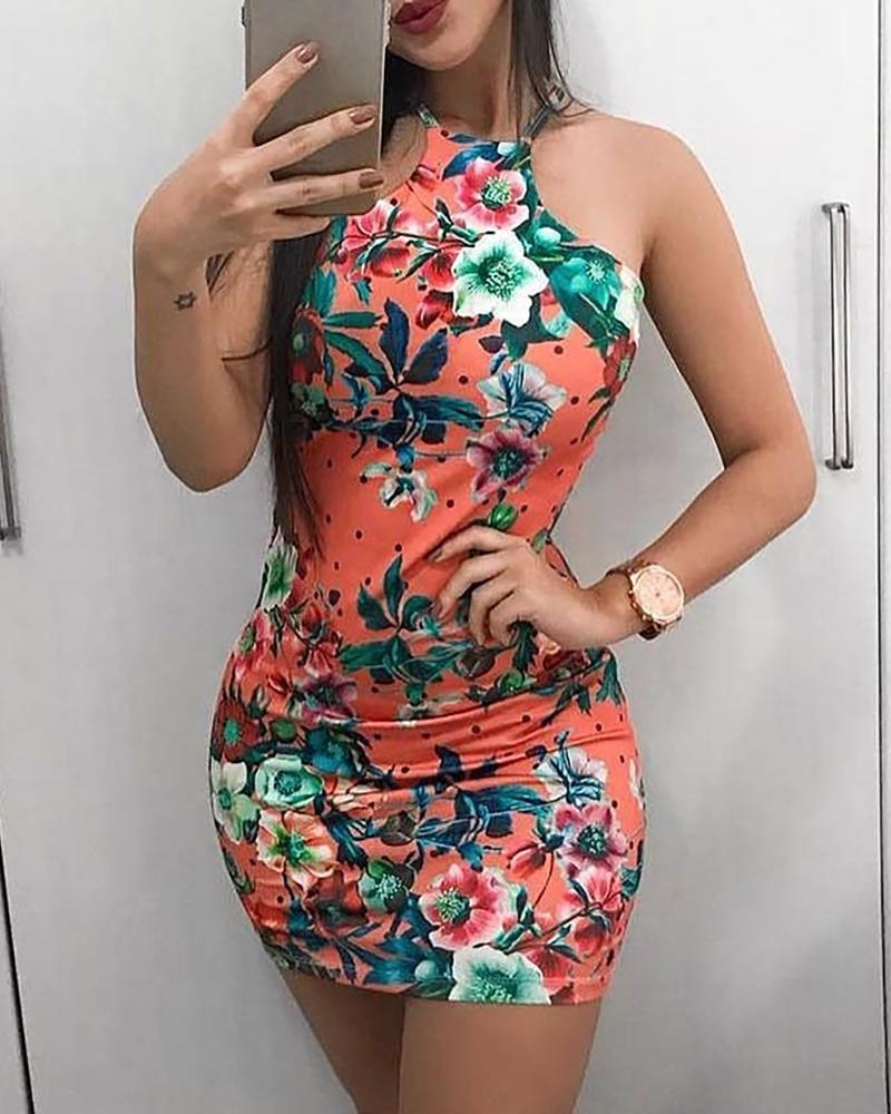 

Floral Print Halter Bodycon Dress, Red