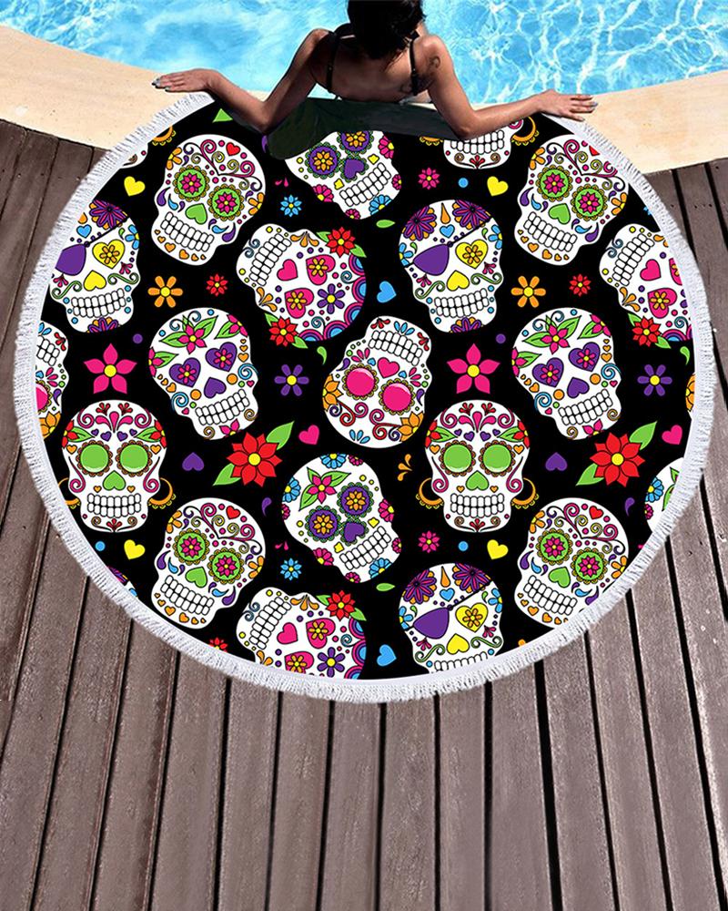 

Flower Skull Print Tassel Pool Beach Towel Blanket(150CM*150CM, Black