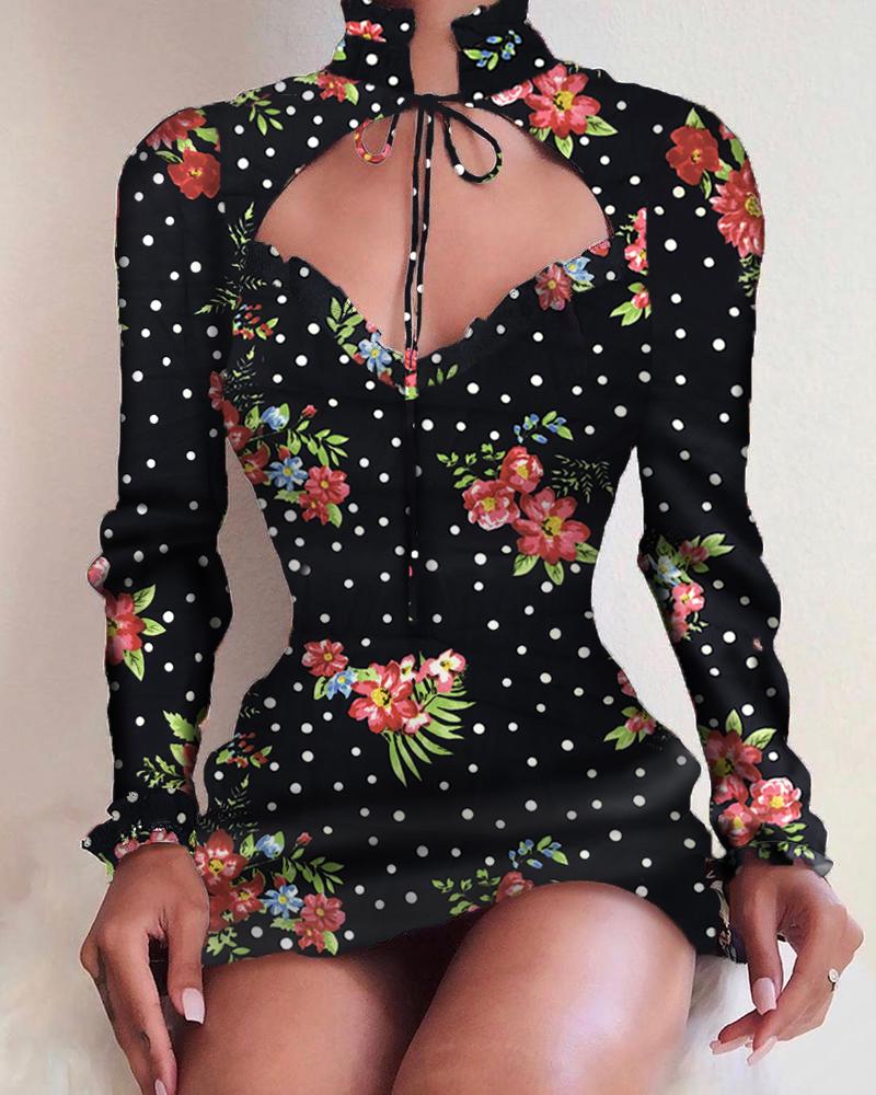 

Tied Neck Dot Floral Print Dress