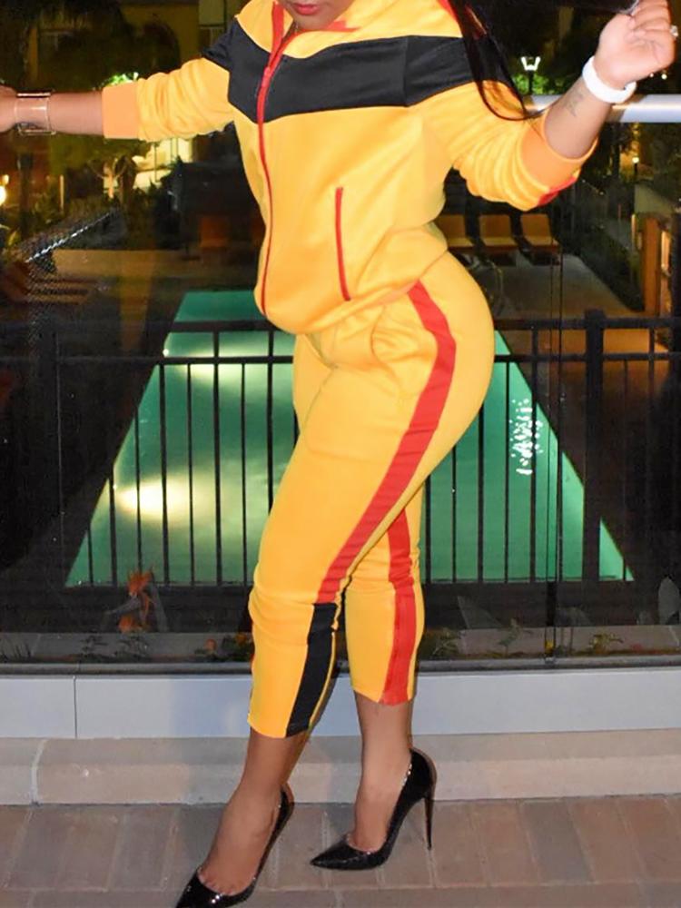 

Contrast Color Zip Up Top & Pant Sets, Yellow