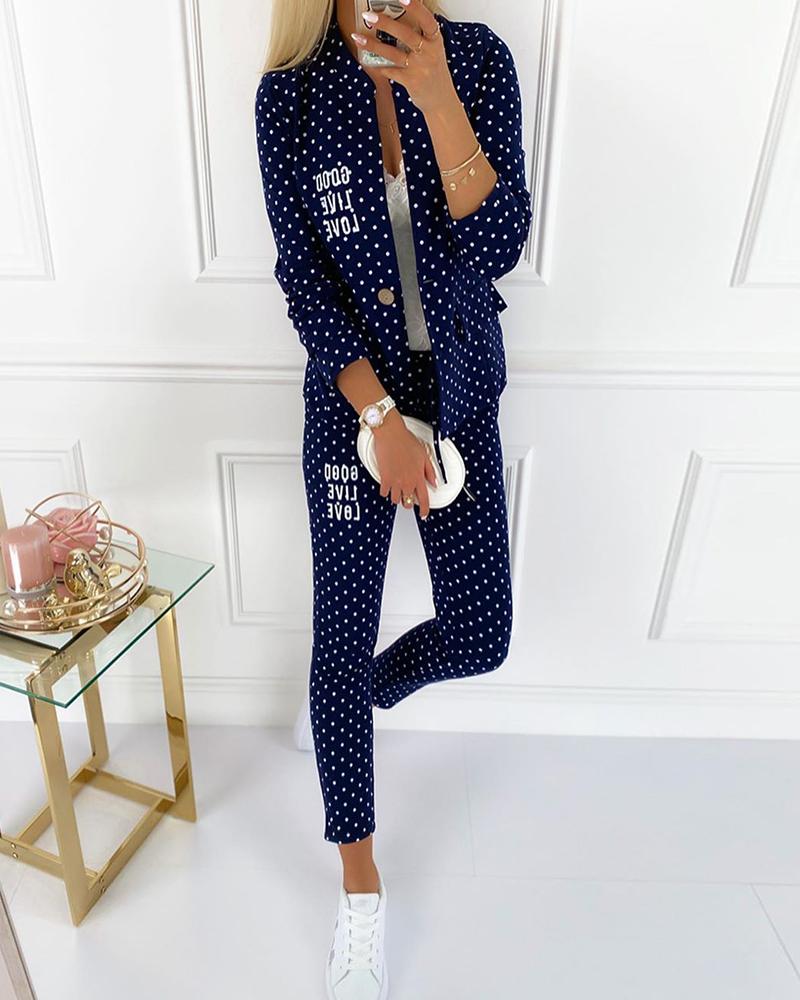 

Letter Polkadot Print Top & Drawstring Pants Set, Blue