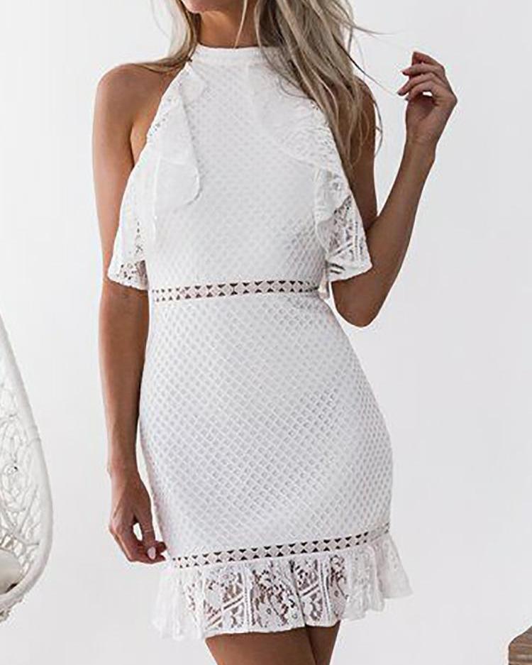 

Lace Hollow Out Ruffles Design Bodycon Dress, White