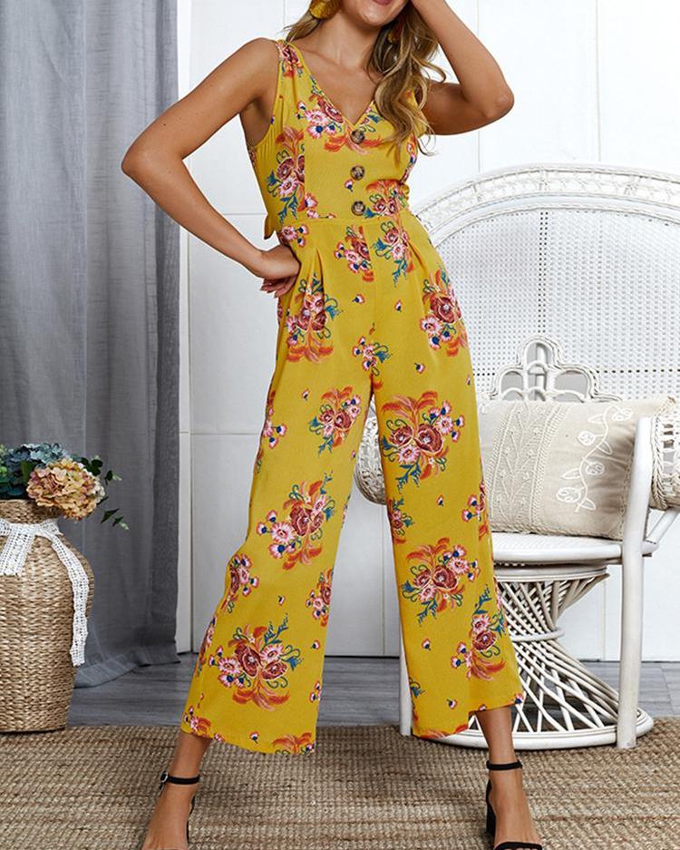 

Floral Print Knotted Back Jumpsuit, Yellow