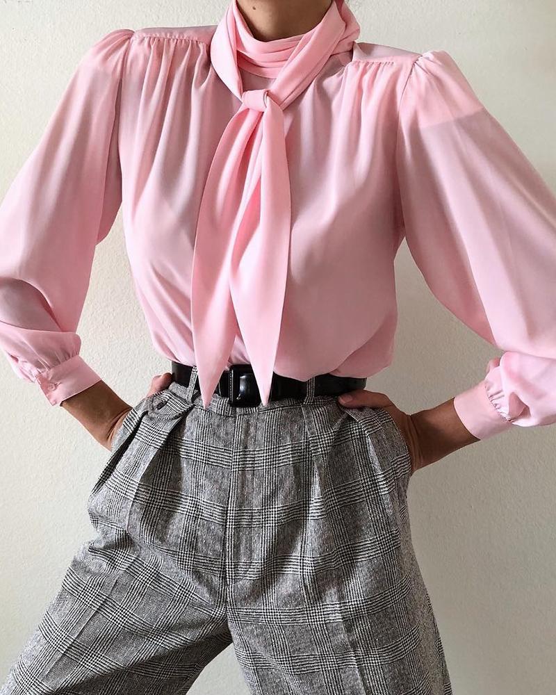 

Mock Neck Puff Sleeve Bowknot Ruched Blouse, Pink