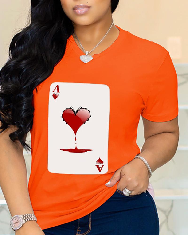 

Heart Poker Print Short Sleeve Casual T-shirt, Orange