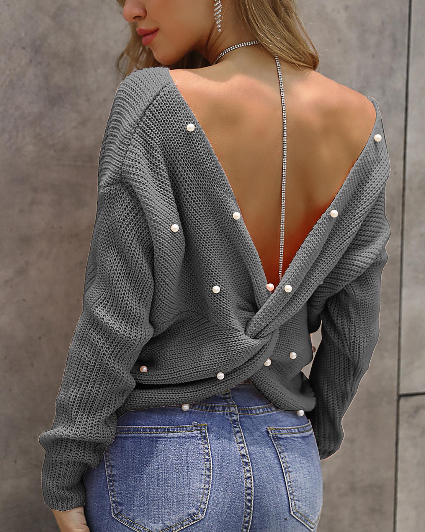 

Beaded Twisted Design Knitting Sweater, Gray
